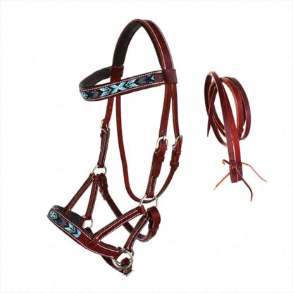 Horse Western Leather Beaded Bitless Sidepull Bridle Reins 77RS18MG-F