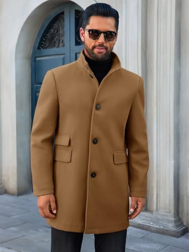Runcati Mens Pea Coat Single Breasted Mid Long Trench Coat Overcoat | Slim Fit, Stand Collar, Fall Winter, Jacket, Pocket, Warm, Casual, Dress, Business, Christmas Gift - color: Brown, size: Medium