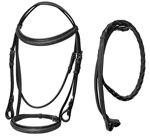 Leather English Fancy Stitch Hunter Bridle with Braided Leather Reins - color: Black, size: Pony