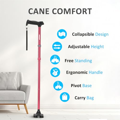 REHAND Walking Cane for Men & Women - Foldable, Adjustable, Lightweight, Self Standing Pivot Walking Cane, Soft Handle Grip, with Travel Bag, Walking Sticks for Seniors & Adults - color: Red