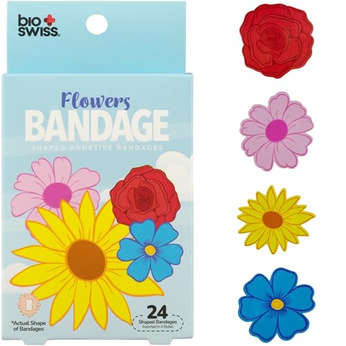 BioSwiss Bandages, Flowers Shaped Self Adhesive Bandage Set, Latex Free, Sterile Wound Care, 24 Count - color: Flowers, size: 24-Count Box