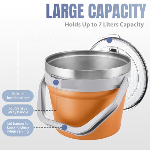 COKTIK 7L Vacuum Insulated Ice Bucket with Lid and Scoop& Tongs，Large capacity Stainless Steel Beverage Bucket for Cocktail, Champagne, Wine, Beer，Large Parties（Orange Suit） - color: Orange Suit