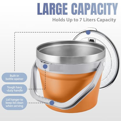 COKTIK 7L Vacuum Insulated Ice Bucket with Lid and Scoop& Tongs，Large capacity Stainless Steel Beverage Bucket for Cocktail, Champagne, Wine, Beer，Large Parties（Orange Suit） - color: Orange Suit