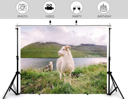 9x6ft Fjord Sheep Backdrop White Wool Sheep Green Grass Lakeside Misty Stratified Mountain Photography Background Tapestry Party Nordic Pastoral Decorations Photo Booth Props - size: 9x6ft