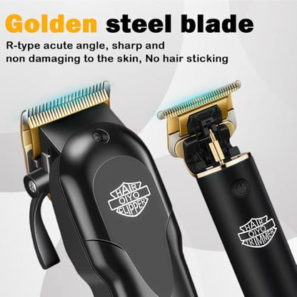 Hair Clippers for Men, Cordless Professional Beard Trimmer Set | Golden Stainless Steel Blades, 14 Guide Combs(1-19mm), USB Charging, Home Use, LED Display, Barber accessories, Gift for Men