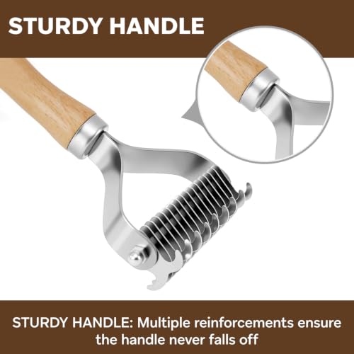 Undercoat Rake for Dogs - Professional Pet Shedding Dematting Comb with Wood Handle, Stainless Steel Blades for Pet Cats Dogs Matted Hair Tangles Removing - style: 2 Sides Dematting Comb