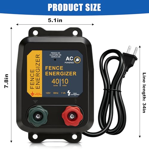 Electric Fence Energizer, 10 Mile/40 Acres Plug-in AC Low Impedance Fence Charger PE5, 0.16J for Containing Livestock, Pets & Keeping Out Small Nuisance Animals