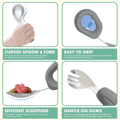 MR. CHOU Baby Bowl Set with Spoon & Fork, Insulated Double-Layer 18/8 Stainless Steel Toddler Bowls with Silicone Suction Cup & BPA Free Airtight Lids, Food Grade Infant Self-Feeding Bowl, Gray - color: Gray-S