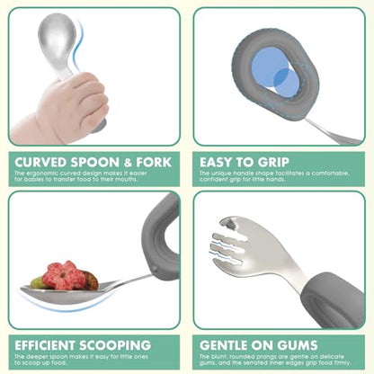 MR. CHOU Baby Bowl Set with Spoon & Fork, Insulated Double-Layer 18/8 Stainless Steel Toddler Bowls with Silicone Suction Cup & BPA Free Airtight Lids, Food Grade Infant Self-Feeding Bowl, Gray - color: Gray-S