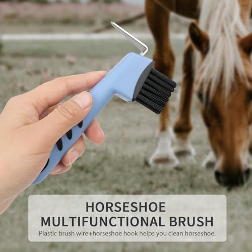 2-in-1 Blue Horse Hoop Pick with Brush Equine Hoop Pick | Metal Pick,PP Bristles,TPR Overmolded Handle,Hangable,Hoof Scraper Brush,Hoop Pick for Horses Cattle Donkey Livestock