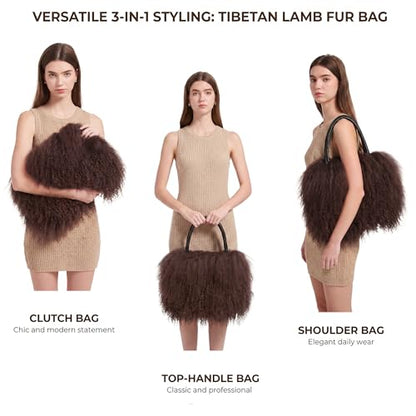 Women Luxury Real Curly Mongolian Lamb Fur Purse - color: Brown