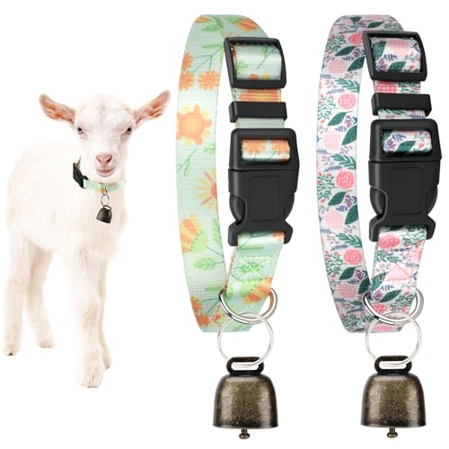 2 Pack Goat Collars with Bells, Floral Adjustable Nylon Collar Set - color: Light Green Print+ Pink Rose