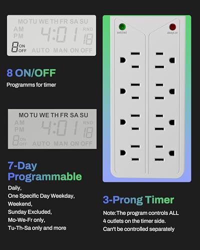 BN-LINK 8 Outlet Surge Protector with 7-Day Digital Timer (4 Outlets Timed, 4 Outlets Always On) - White (Pack of 2) - size: 4 Timed / 4 Always On (Pack of 2)