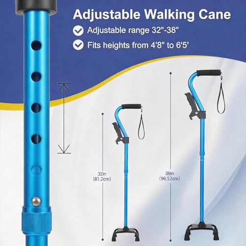 Stand Secure Cane with Stand Up Assist Handle for Elderly, 4 Prong Adjustable Walking Canes for Seniors Women and Men, Non-Slip Wide Base, Aluminum Foldable Stand Cane - color: Light Blue