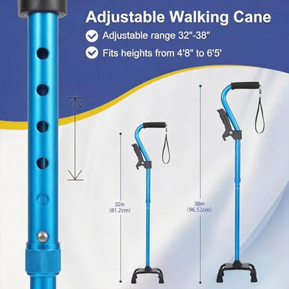 Stand Secure Cane with Stand Up Assist Handle for Elderly, 4 Prong Adjustable Walking Canes for Seniors Women and Men, Non-Slip Wide Base, Aluminum Foldable Stand Cane - color: Light Blue
