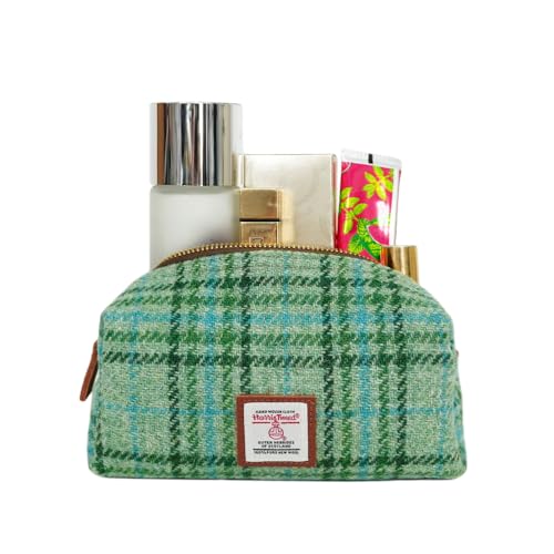 TAILORMAP Harris Tweed Wool Cosmetic Bag, Large Capacity Scottish Tartan Handmade Makeup Organizer, Stain-Resistant Travel Toiletry Pouch for Women (Mint Green) - color: Mint Green