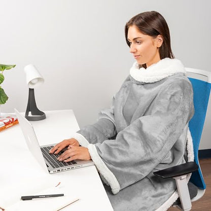 PAVILIA Sherpa Wearable Blanket with Sleeves and Pocket, Plush Thick Cozy Body Blanket Wrap for Adult Women Men, Christmas Gift for Wife Mom, Light Grey - color: Light Gray