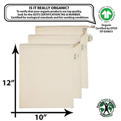 Simple Ecology Reusable Grocery Produce Shopping and Storage Bags, Organic Cotton Muslin, Medium 3 pack - size: Medium (10"x12") - 3 Pack