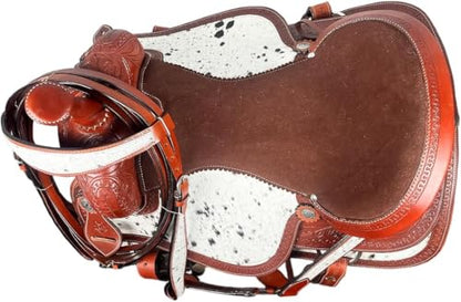 Western Barrel Saddle Set Brown Genuine Leather Hair On Cowhide Hand Tooled Horse Saddle with Headstall, Breast Collar & Reins for Trail Riding, Rodeo, Ranch & Pleasure, 8-17 Inch - size: 18 inch