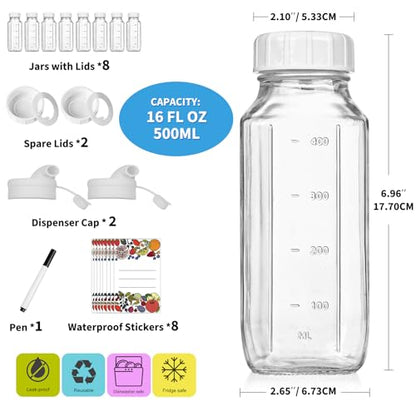 Syntic 8 Pack 16 Oz Glass Milk Bottles with Lids,2 Pour Spouts & Extra Lids | Reusable Glass Bottles with Measurement Marks for Juice,Breast Milk,Beverage Storage,Refrigerator Organization & Daily Use