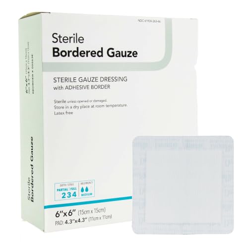 DermaRite Sterile Bordered Gauze Dressing with Adhesive Border, 6 in, 1 ct | Flexible Non-Linting Material, First-Aid, Individually Packaged
