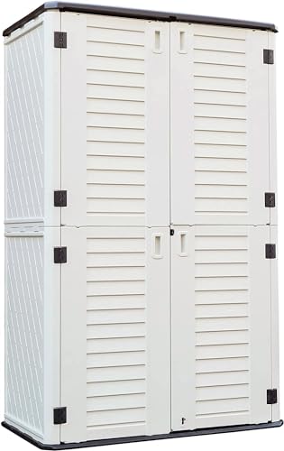 KINYING Outdoor Storage Cabinet Waterproof, Resin Vertical Outdoor Storage Shed for Patio Furniture, Garden Tools, Pool Accessories, Mower Storage (66 Cu.ft, Off White) - color: 66 Cu.ft White Shed-08H