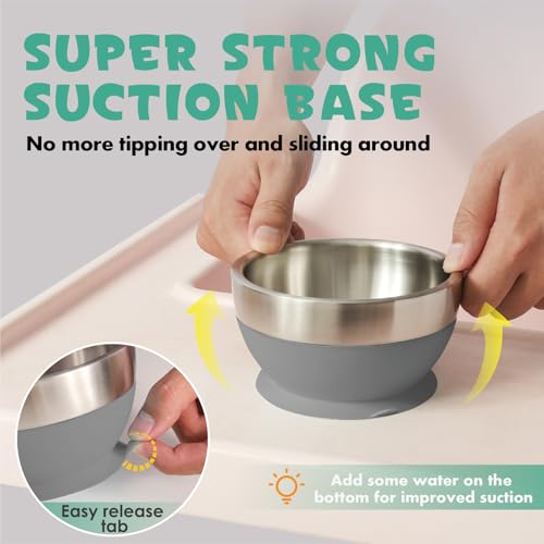 MR. CHOU Baby Bowl Set with Spoon & Fork, Insulated Double-Layer 18/8 Stainless Steel Toddler Bowls with Silicone Suction Cup & BPA Free Airtight Lids, Food Grade Infant Self-Feeding Bowl, Gray - color: Gray-S