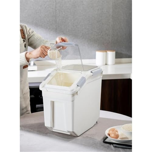 HANAMYA 32.5 Liter / 35 lbs Pet Food Storage Container with Measuring Cup, BPA free, For Dog Food | Cat Food | Rice | Grain | Flour, White & Gray, 1 count