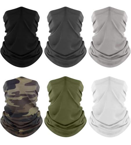 Fuinloth Neck Gaiter, 6 Pack Cooling UV Protection Bandana Face Mask Gator - color: Black+gray+light Gray+white+green+camo
