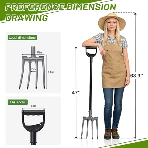 Pitch Fork, 46 inch Garden Fork with Metal 4 Tines & Ergonomic D Handle, Heavy Duty Pitchforks for Gardening Digging Composting Soil Loosening