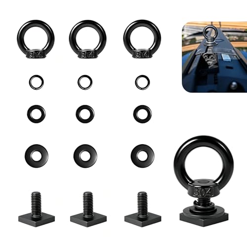 4PCS T Track Mount Tie Down Anchor for Roof Rack, M8 304 Stainless Steel T Bolt Eye Nut Tie Down Ring, Sturdy Heavy Duty Ring Shaped Eye Bolt Anchoring Kit, for Holding Bungee Cord Rope(Black)