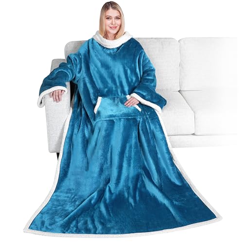 PAVILIA Sherpa Wearable Blanket with Sleeves and Pocket, Plush Thick Cozy Body Blanket Wrap for Adult Women Men, Christmas Gift for Wife Mom, Teal Blue - color: Sea Blue