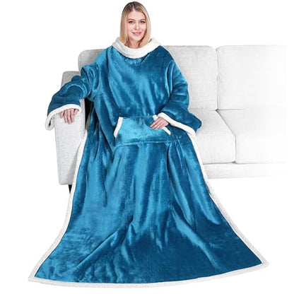 PAVILIA Sherpa Wearable Blanket with Sleeves and Pocket, Plush Thick Cozy Body Blanket Wrap for Adult Women Men, Christmas Gift for Wife Mom, Teal Blue - color: Sea Blue