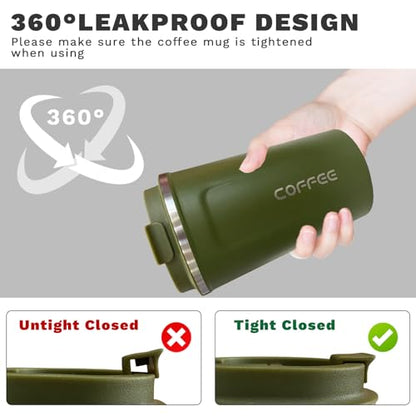 Insulated Travel Coffee Mug, Stainless Steel Coffee Cup with Leakproof Lid - color: 2nd-Green, size: 12 Ounces