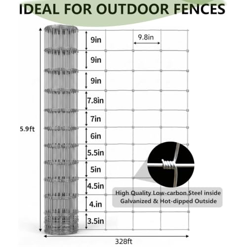 15-Gauge Galvanized Cattle Fence, Fixed-Knot Livestock Field Fence, Woven Wire Farm Fencing for Goat, Sheep, Deer, Hog and Horse - size: 5.9*328FT