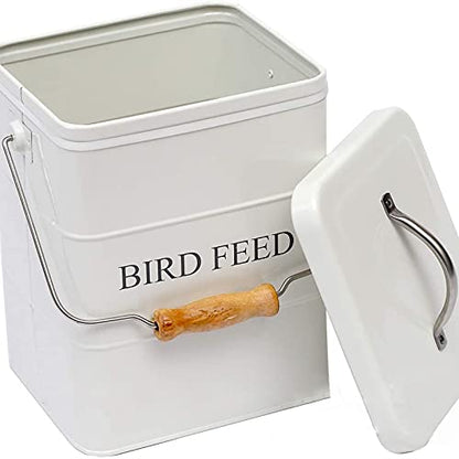 DEAYOU Pet Food Storage Tin with Lid, Metal Bird Seed and Feed Container with Serving Scoop, Treats Storage Canister Bin Can for Dogs, Cats Food, Coated Carbon Steel, Tight Fitting Lid, White, 5-6 Lbs