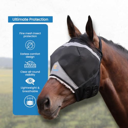 Shires FlyGuard Pro Fine Mesh Earless Fly Mask – Extra Full Size | Lightweight Polyester Fly & Insect Protection | Breathable Fine Mesh for Turnout, Grazing & Stable Use | Jet Colour - color: Jet, size: Extra Full