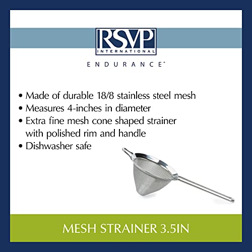 RSVP International Endurance Kitchen Collection, Stainless Steel Fine Mesh Conical Sieve/Colander, Multi-Purpose for Cooking, Baking, Loose Leaf Tea, Bar Strainer Cocktails, 4-Inch - size: 3-1/2-Inch
