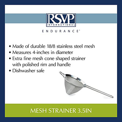 RSVP International Endurance Kitchen Collection, Stainless Steel Fine Mesh Conical Sieve/Colander, Multi-Purpose for Cooking, Baking, Loose Leaf Tea, Bar Strainer Cocktails, 4-Inch - size: 3-1/2-Inch