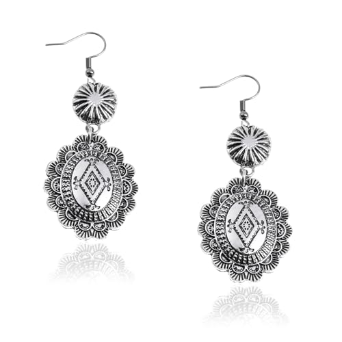 Montana West Rustic Couture's Western Concho Dangle Drop Earrings for Women - color: B-Silver