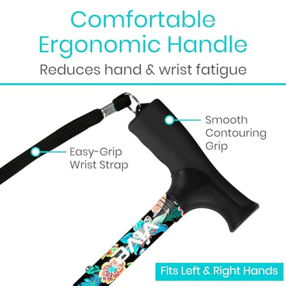 Vive Folding Cane - Foldable Walking Cane for Men, Women - Fold-up - color: Neon Flower