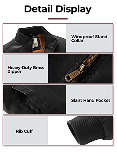 WenVen Men's Stand Collar Fleece Lined Faux Leather Jacket Warm Winter Coat | Bomber Outerwear - color: Black, size: X-Large