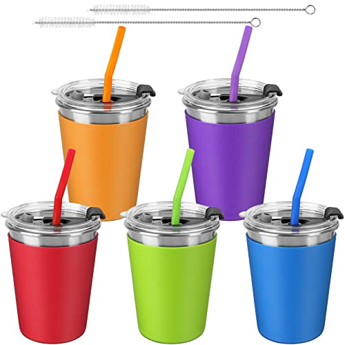 ShineMe 5Pack Kids Cups with Straws and Lids Spill Proof, 12oz Toddler Straw Cups with Colorful Silicone Sleeves, Unbreakable Stainless Steel Water Tumblers for Cold & Hot Drinks - color: orange, purple, red, green, blue