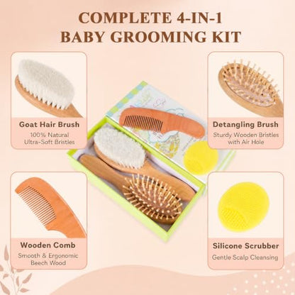 4 Piece Baby Hair Brush and Comb Set for Newborns, Wooden Baby Brush with Soft Natural Goat Bristle, Infant Hair Care Kit Helps Prevent Cradle Cap, Grooming Essentials Gift for Boys and Girls