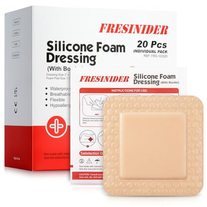 FRESINIDER Silicone Foam Dressing with Adhesive Border – Wound Dressing Bandage – Silicone Foam Pad – Pack of 20 – 3 x 3 Inches Large Waterproof Bandages – Self Adhesive Wound Care and Dressings - color: 3" X 3", 20 Pack