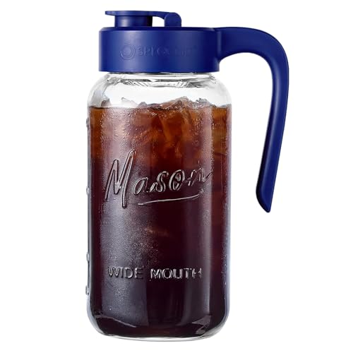 Mason Jar Pitcher, 64 oz (2 quart), Glass Pitcher with Lid | Airtight, Leak proof, Ergonomic Handle, Pour Spout Lid, Fridge Safe, for Sun Tea, Iced Tea, Cold Brew, Lemonade, Outside - color: Blue