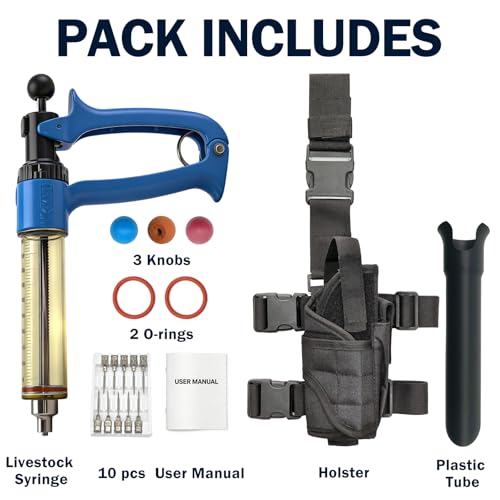 50mL Adjustable Repeater Syringe + Heavy Duty Belt Holster Continuous Injector (1-5mL) & Hands Free Carrier Bundle for Cattle, Sheep & Swine, Blue Syringe & Black Holster - color: 50mL Blue Syringe + Black Holster