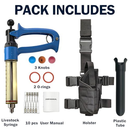 50mL Adjustable Repeater Syringe + Heavy Duty Belt Holster Continuous Injector (1-5mL) & Hands Free Carrier Bundle for Cattle, Sheep & Swine, Blue Syringe & Black Holster - color: 50mL Blue Syringe + Black Holster