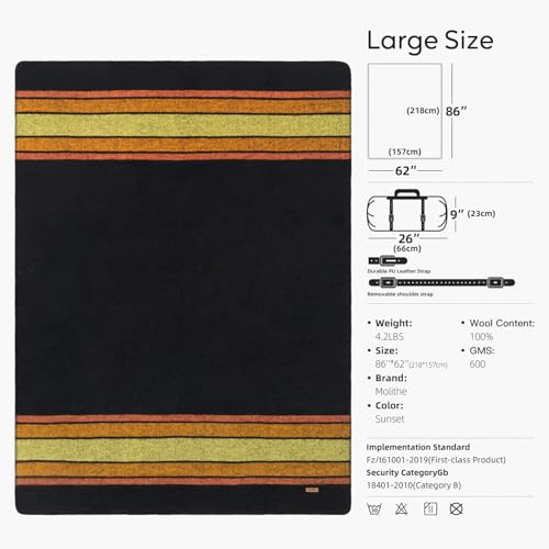 Molithe 100% Wool Blanket, 62" x 86", Warm, Thick, Military, Camping Gear - color: Sunset, size: Large