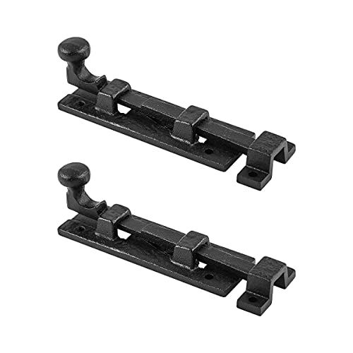 Renovators Supply Manufacturing Slide Bolt Latch 4 in. Black Wrought Iron Slide Bolt with Catch and Mounting Hardware Pack of 2